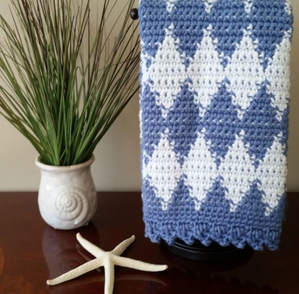 Crochet Harlequin Fingertip Towel - hanging